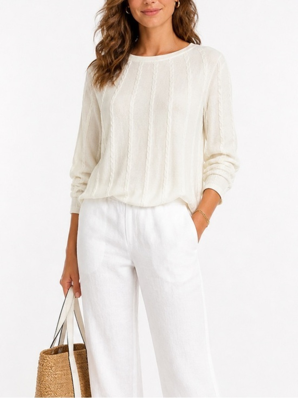 Tahari White Radiating cable knit Sweater - Size XL Clean Girl Classic layering